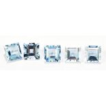 AQUAMARINE; five square facet cut stones weighing 2.74ct, each 5mm.