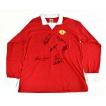 MANCHESTER UNITED; a 1970s retro style football shirt, signed to the front by Ronaldo, Robson,