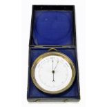 An early 20th century brass plated aneroid barometer with white dial, diameter 12cm, cased.