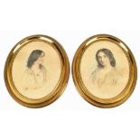A pair of late Victorian oval pencil drawings, each of girls with black hair and blue eyes,