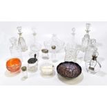 An assortment of glassware including decanters, one example with hallmarked silver collar and