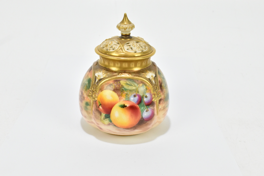 T HOLLAND FOR ROYAL WORCESTER; a hand painted potpourri and cover decorated with fruit in panels, - Image 4 of 9