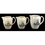 COPELAND SPODE; three Winston Churchill commemorative jugs, each transfer printed with a bust, ship,