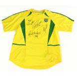 BRAZIL; a 2002 football shirt, signed to the front by Ronaldo, Ronaldinho, Roberto Carlos and