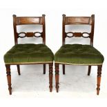 A set of six early 19th century brass inlaid mahogany dining chairs, with green upholstered seats,
