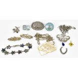 A selection of assorted costume jewellery including a hallmarked silver pendant and chain in the Art
