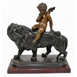 HIPPOLYTE HEIZLER (1828-1871) & EUGENE CORNU (1827-1899); a bronze figure of a putto seated on a