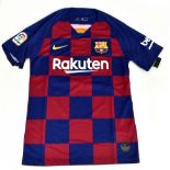 LIONEL MESSI; a Barcelona checkered home shirt, signed to the reverse, size S.Additional