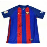 BARCELONA; a 2016/17 home shirt, signed to the front by Lionel Messi, Luis Suarez and Neymar Jr,