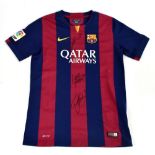 BARCELONA; a 2014/15 home shirt, signed to the front by Lionel Messi, Luis Suarez and Neymar Jr,