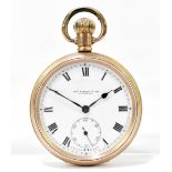 THOMAS RUSSELL & SONS OF LIVERPOOL; a gold plated crown wind open face pocket watch, the enamelled