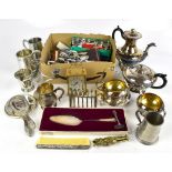 A collection of silver plated wares to include a large selection of collectors spoons with crest