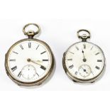 Two hallmarked silver key wind pocket watches, each set with Roman numerals and subsidiary seconds