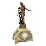 A late 19th century onyx and spelter figural mantel clock, the case surmounted by a figure, 'Nymph