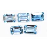 AQUAMARINE; a group of five octagon facet cut stones totalling 4.16ct, each 7mm x 5mm.