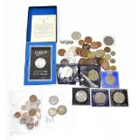 A collection of assorted Great British and American coins, including various commemorative crowns,