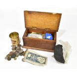 A collection of assorted British and foreign coinage and bank notes, including a Victoria crown,