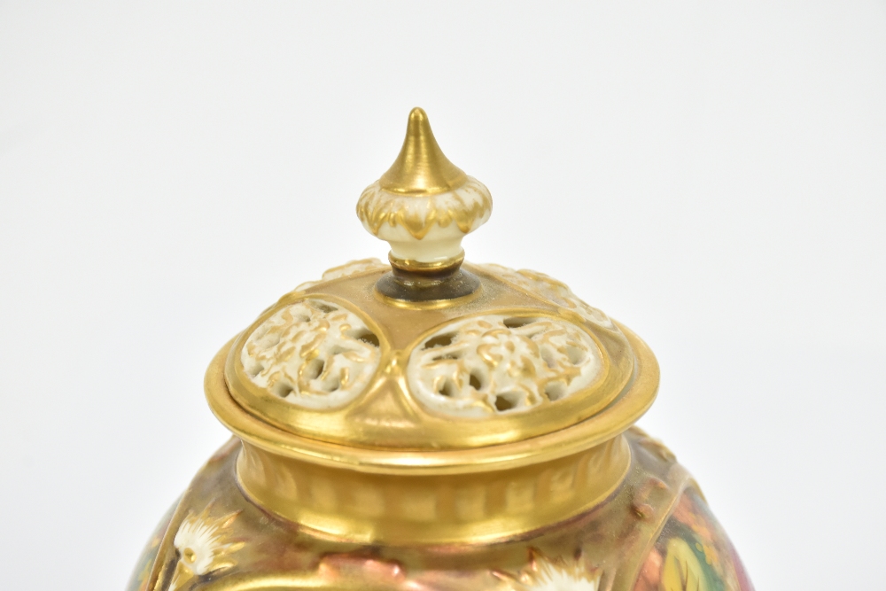T HOLLAND FOR ROYAL WORCESTER; a hand painted potpourri and cover decorated with fruit in panels, - Image 6 of 9