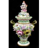 SPODE; a circa 1820 floral encrusted twin handled vase and cover, painted mark to base no.4687,