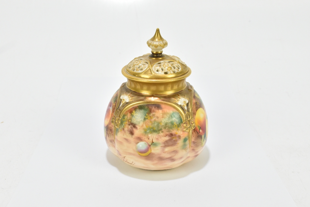 T HOLLAND FOR ROYAL WORCESTER; a hand painted potpourri and cover decorated with fruit in panels, - Image 3 of 9