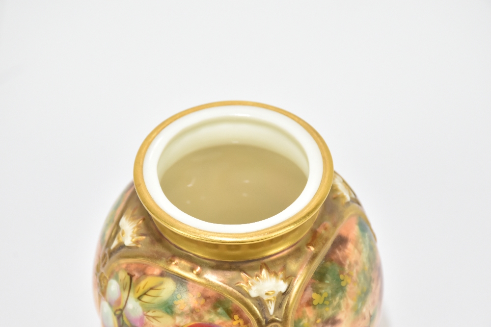T HOLLAND FOR ROYAL WORCESTER; a hand painted potpourri and cover decorated with fruit in panels, - Image 7 of 9