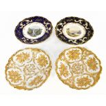 MEISSEN; a pair of 18th/19th century cabinet plates with gilt moulded decoration, with blue