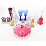 A collection of assorted glassware including cranberry glass bell, Bohemian glass perfume bottle (