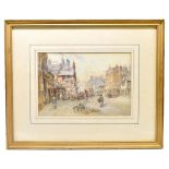 UNATTRIBUTED; watercolour, figures in a Victorian street scene, indistinctly initialled lower