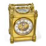 A 19th century brass cased combination mantel clock/thermometer, with broken swan neck handle and