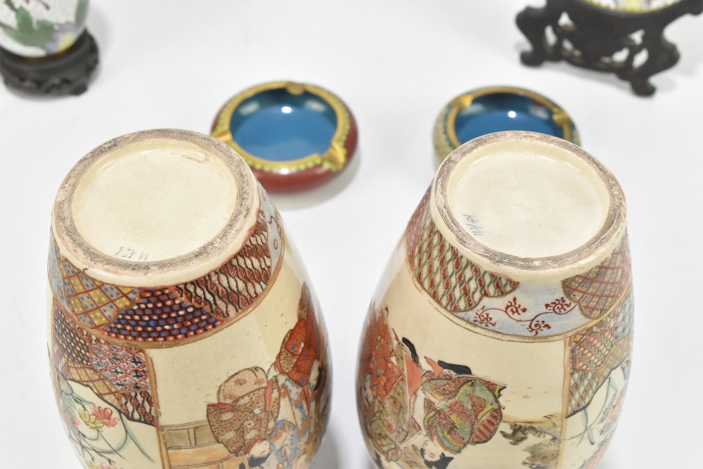 A pair of Japanese Satsuma vases, decorated with figures in gardens, height 18cm, with a pair of - Image 4 of 4