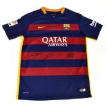 BARCELONA; a 2015/16 home shirt, signed to the front by Lionel Messi, Luis Suarez and Neymar Jr,