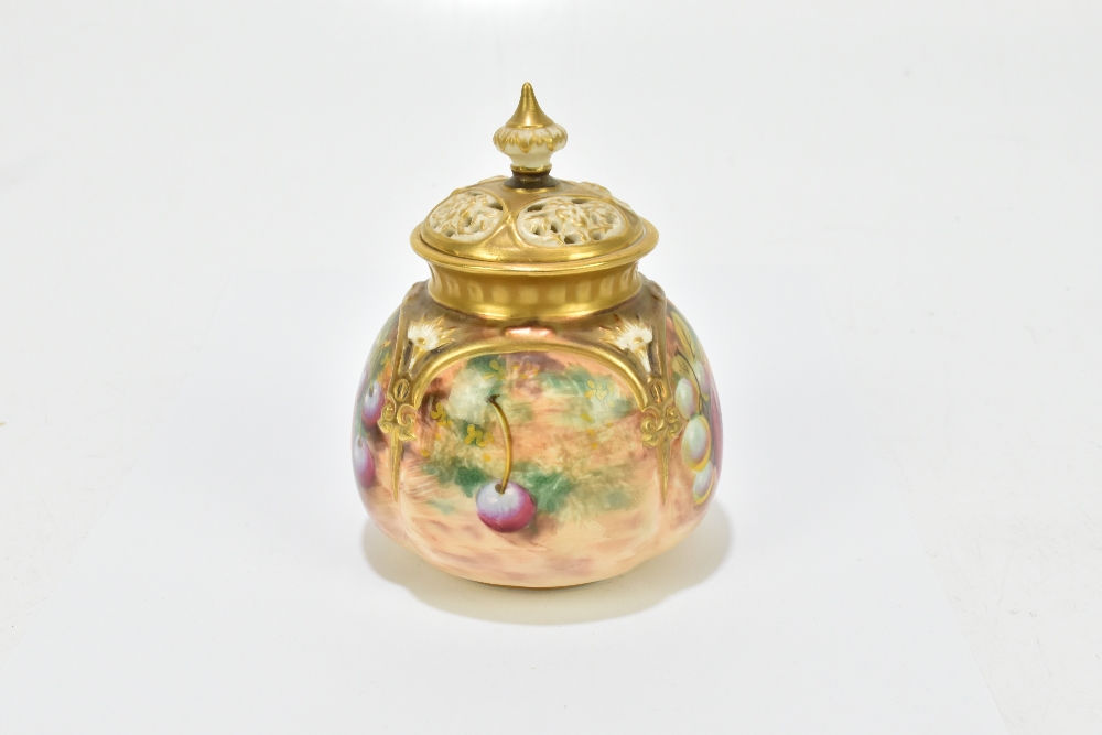 T HOLLAND FOR ROYAL WORCESTER; a hand painted potpourri and cover decorated with fruit in panels, - Image 5 of 9