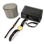 BUECHE GIROD; a gentleman's 9ct gold cased wristwatch, the dial set with batons and subsidiary