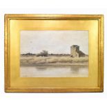 J KNIGHT; pastel, marshland with building and river in the foreground, signed lower left, 34 x 51cm,
