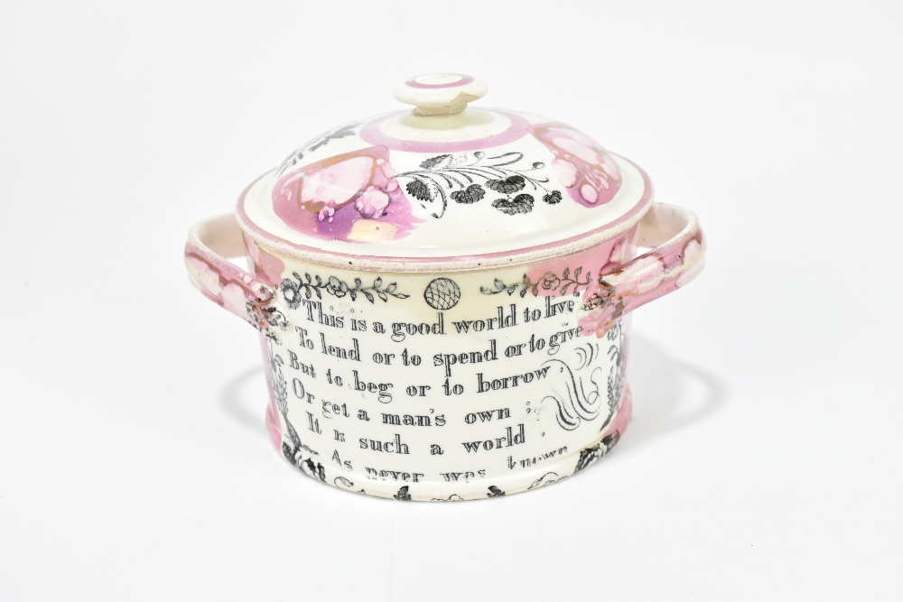 A 19th century Sunderland lustre twin handled lidded bowl, decorated with a galleon and a verse, - Image 3 of 6