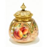 T HOLLAND FOR ROYAL WORCESTER; a hand painted potpourri and cover decorated with fruit in panels,