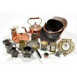A small quantity of assorted metalware including a copper helmet form coal scuttle, a copper kettle,