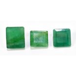 EMERALDS; three octagon facet cut stones totalling 25.27ct.