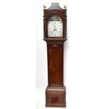 A George III mahogany eight day longcase clock, the arched repainted dial with rolling moon phase