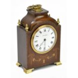 An Edwardian mahogany and inlaid small bracket clock with circular white enamel dial set with