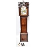 A George III mahogany longcase clock, the swan neck pediment with verre eglomise above arched