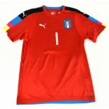 GIANLUIGI BUFFON; a red Italian football shirt, signed to the reverse, size L.Additional