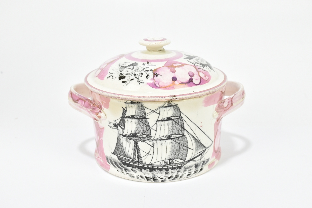 A 19th century Sunderland lustre twin handled lidded bowl, decorated with a galleon and a verse, - Image 2 of 6