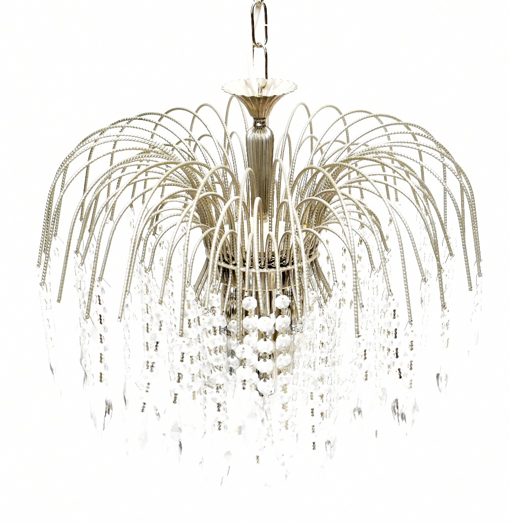 A modern glass drop chandelier together with a glass eight branch chandelier, height of largest