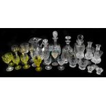 A collection of 19th century and later glassware including four vaseline glass wine glasses with