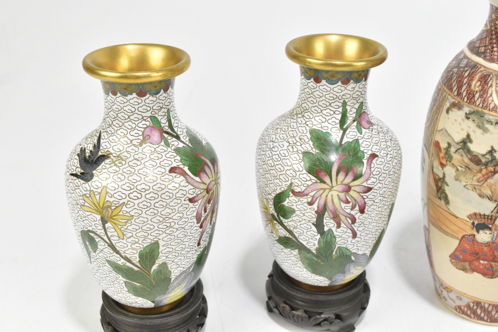 A pair of Japanese Satsuma vases, decorated with figures in gardens, height 18cm, with a pair of - Image 2 of 4