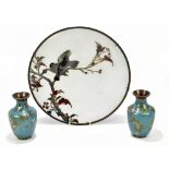 A Japanese cloisonné wall charger decorated with birds perching on a branch, diameter 36cm, together