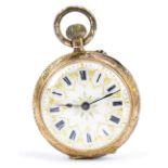 A 14ct yellow gold crown wind fob watch with Roman numerals to the white enamel dial, with painted