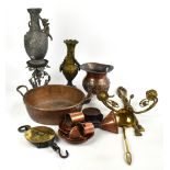 A selection of 19th century and later brass and copper wares to include a twin handled preserve pan.