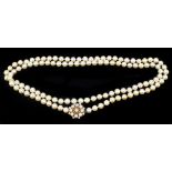 A single strand untested pearl necklace, with 9ct yellow gold flower head clasp, length 84cm.